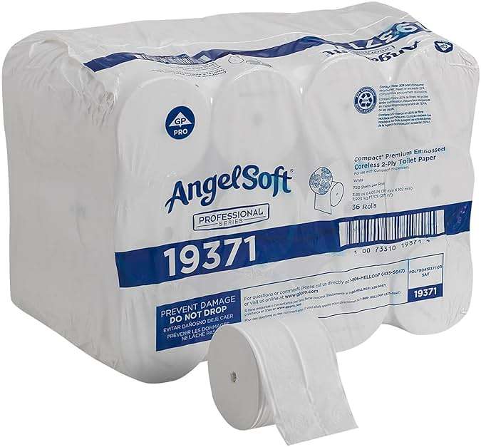 Angel Soft Professional Series Compact Premium Embossed Coreless 2-Ply High-Capacity Toilet Paper by GP PRO, White, 19371, 750 Sheets Per Roll, 36 Rolls Per Case - Image 1