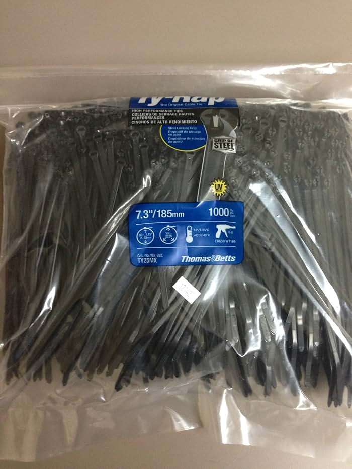 Thomas & Betts TY25MX Cable Tie 50lb 7" Ultraviolet Resistant Black Nylon with Stainless Steel Locking Device Bulk Pack (1000 Pack) - Image 1