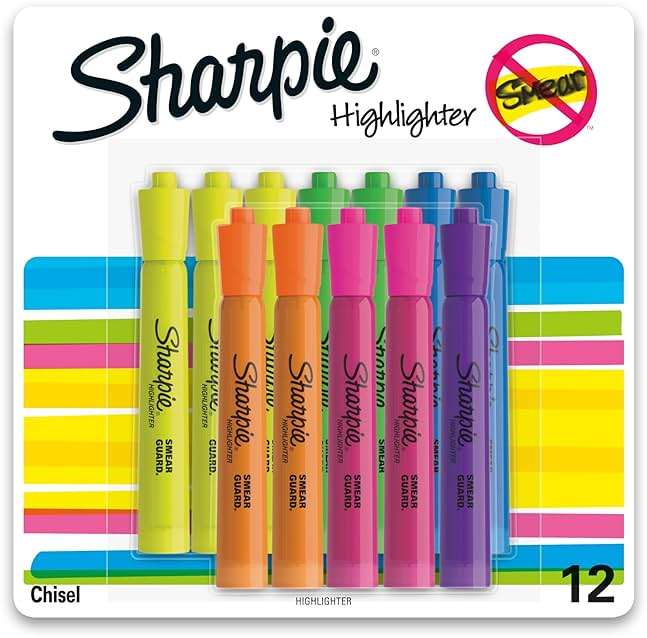 Sharpie Tank Highlighters, Chisel Tip, Assorted Fluorescent, Six Assorted Colors, 12 Count - Back to School, Office, Teacher Supplies - Image 1