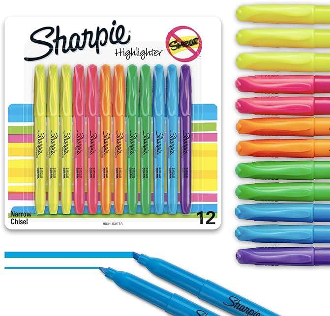 Sharpie Pocket Highlighters, Chisel Tip, Quick Dry, Assorted Fluorescent Colors, 12 Count - For Studying, Note-Taking, School, College, Office, Student & Teacher Supplies - Image 1