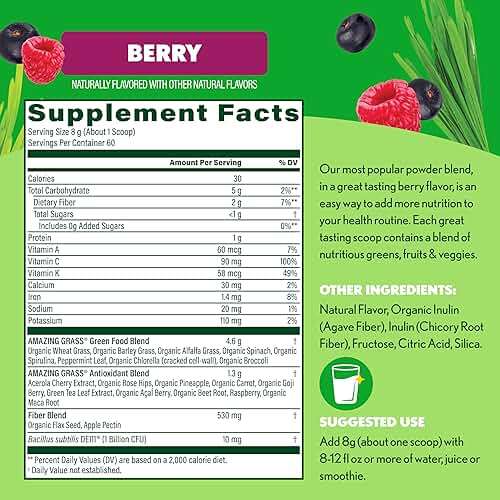 Amazing Grass Super Greens Powder, Organic, Greens Superfood Powder, Smoothie Supplements, Supports Digestion, Probiotics, Spirulina, Beet Root, Berry, 60 Servings, 16.9 Ounce (Packaging May Vary) - Image 4