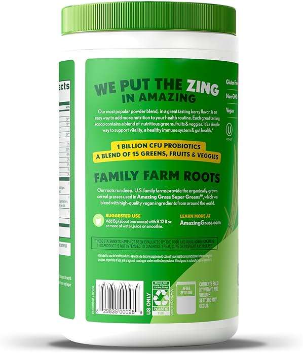 Amazing Grass Super Greens Powder, Organic, Greens Superfood Powder, Smoothie Supplements, Supports Digestion, Probiotics, Spirulina, Beet Root, Berry, 60 Servings, 16.9 Ounce (Packaging May Vary) - Image 8