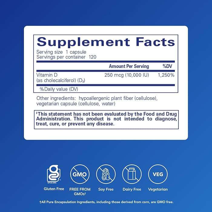 Pure Encapsulations Vitamin D3 250 mcg (10,000 IU) - Supplement to Support Bone, Joint, Breast, Heart, Colon & Immune Health* - with Premium Vitamin D - 120 Capsules - Image 2
