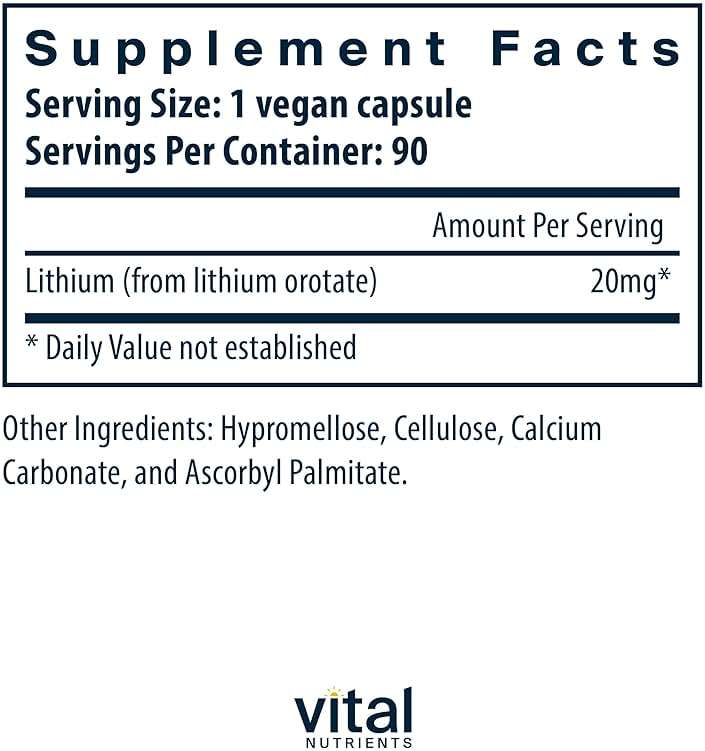 Vital Nutrients Lithium Orotate - Vegan Supplements for Memory, State of Mind, and Behavioral Health* - 20mg - Gluten, Dairy, Soy Free - 90 Capsules - Image 2