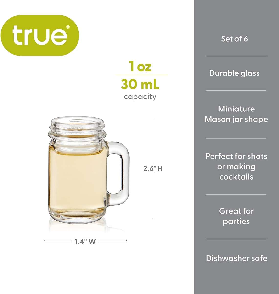 True Mason Jar Shot glasses, Reusable Mini Mason Jar shaped shot glasses with Handles, Party shot cups, Set of 6, 1 oz. - Image 3