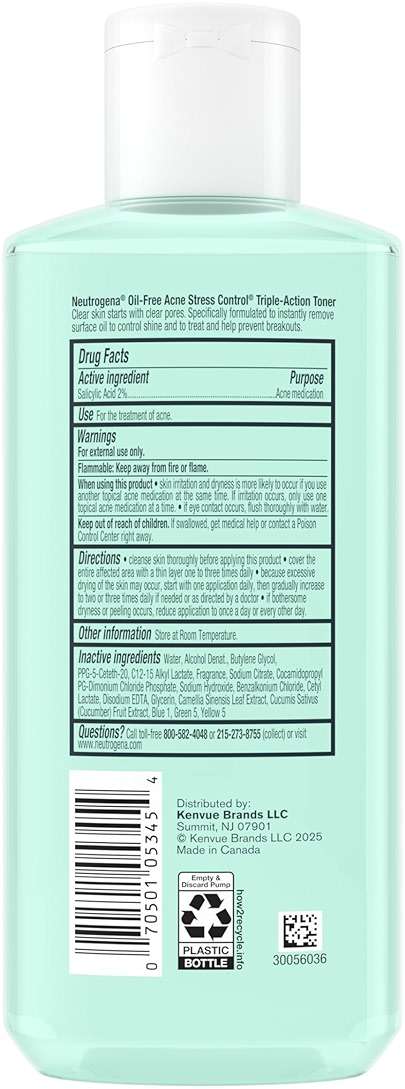 Neutrogena Acne Stress Control Oil-Free Triple-Action Face Toner, Skin Care with 2% Salicylic Acid, Acne Toner for Face with Green Tea & Cucumber Extract, Nourishing & Refreshing, 8 fl. oz - Image 6