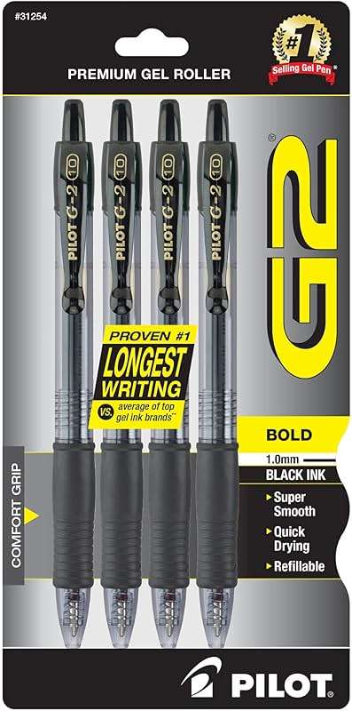 Pilot G2 Premium Refillable & Retractable Rolling Ball Gel Pens, Bold Point, Bold Gel Pens, 1.0 mm, Black Ink, 4-Pack - Image 1