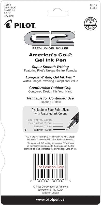 Pilot G2 Premium Refillable & Retractable Rolling Ball Gel Pens, Bold Point, Bold Gel Pens, 1.0 mm, Black Ink, 4-Pack - Image 4