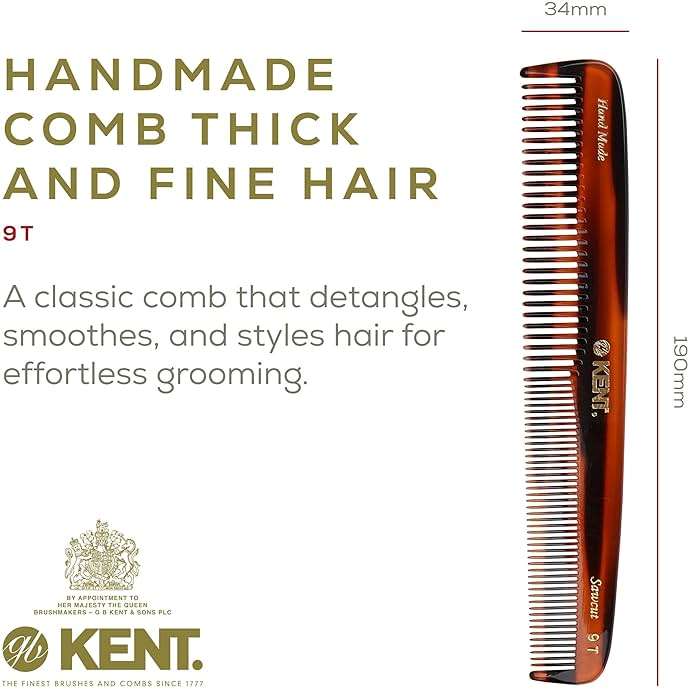 Kent 9T Tortoiseshell Fine Tooth and Wide Tooth Comb - Large Handmade and Saw-Cut Fine Hair Dressing Comb - Wet Hair Detangler Combs for Women and Durable Grooming Made in England - Image 2