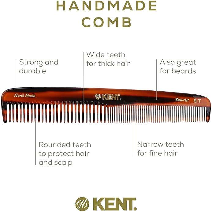 Kent 9T Tortoiseshell Fine Tooth and Wide Tooth Comb - Large Handmade and Saw-Cut Fine Hair Dressing Comb - Wet Hair Detangler Combs for Women and Durable Grooming Made in England - Image 4