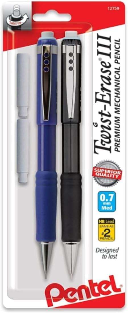 Pentel Twist-Erase III Mechanical Pencil, (0.7mm), Assorted Barrel Colors with 2 Eraser Refills, Pack of 2 (QE517BP2) - Image 1