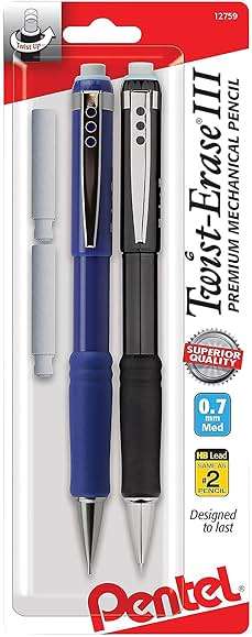 Pentel Twist-Erase III Mechanical Pencil, (0.7mm), Assorted Barrel Colors with 2 Eraser Refills, Pack of 2 (QE517BP2) - Image 2