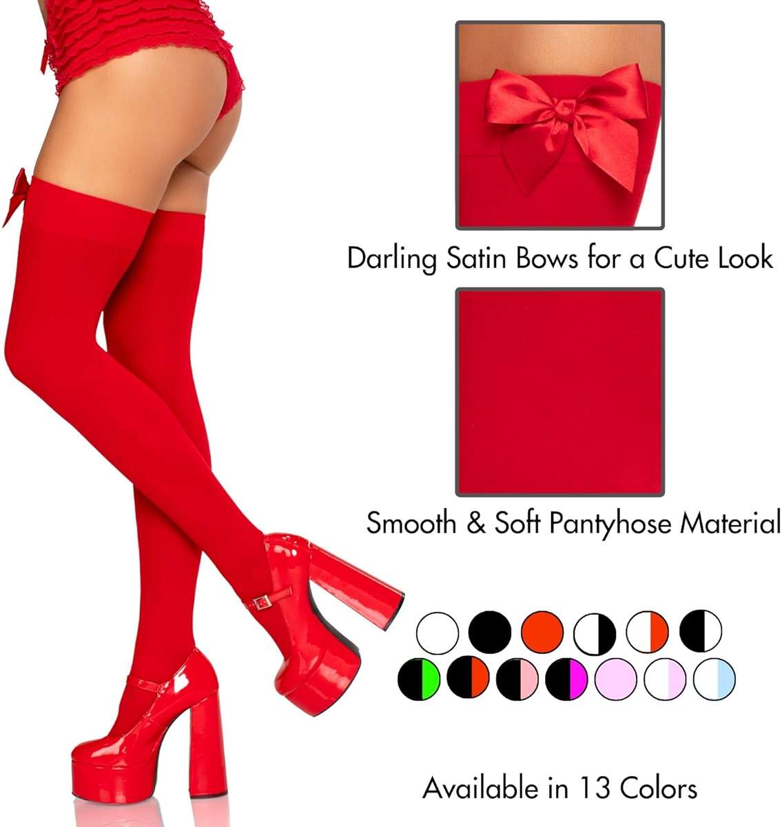 Leg Avenue Womens Satin Bow Accent Thigh Highs, O/S, Red - Image 5