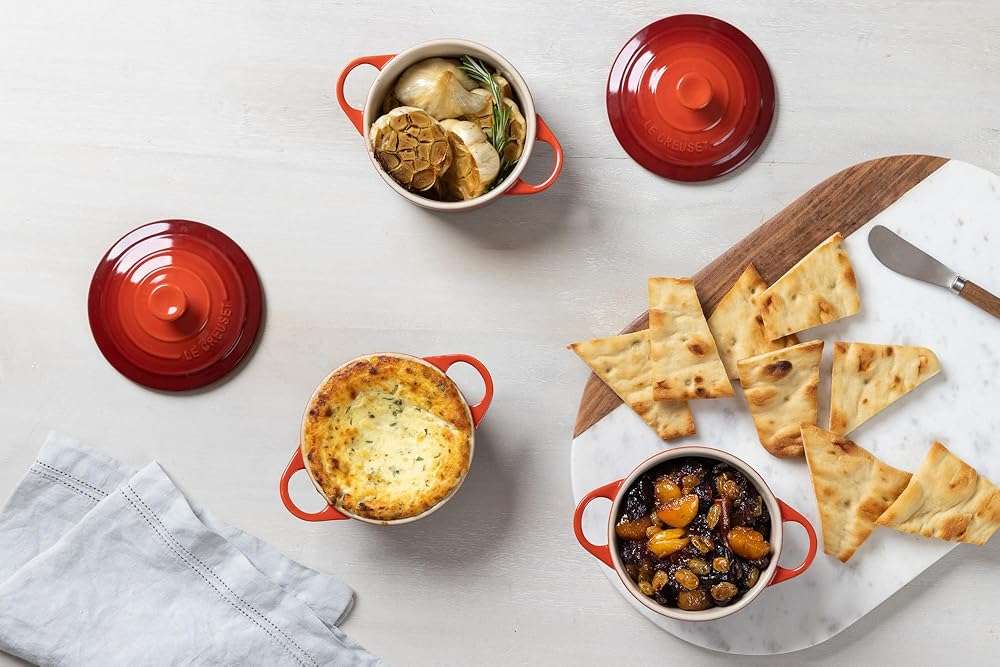 Le Creuset Stoneware Set of 4 Mini Cocottes with Cookbook, 8 oz. each, Cerise - Image 8