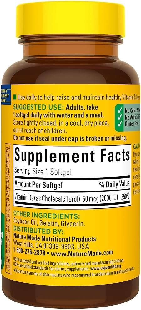 Nature Made Vitamin D3 2000 IU (50 mcg), Vitamin D Supplement for Bone, Teeth, Muscle and Immune Health Support, 90 Softgels, 90 Day Supply - Image 7