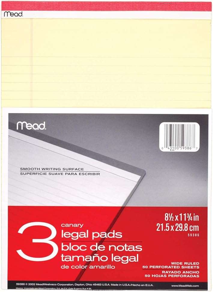 Mead Legal Pads, Wide Ruled Paper, 8-1/2" x 11-3/4", 50 Sheets, Memo Pads, Note Pads, Steno Pads, 3 Pack (59386) - Image 1