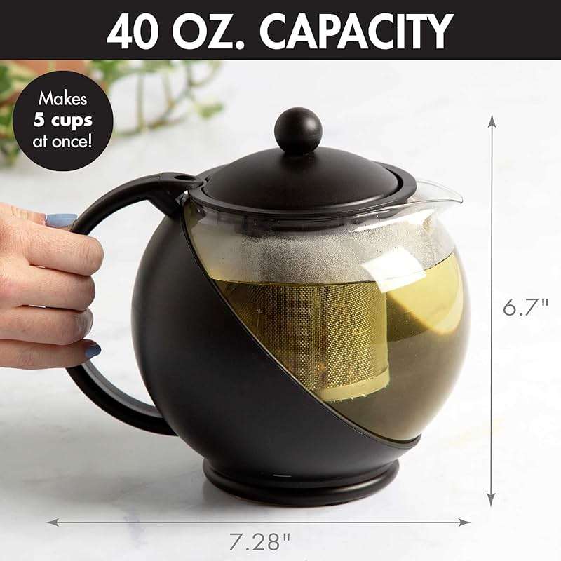 Primula Half Moon Teapot with Removable Infuser, Glass Tea Maker with Reusable Fine Mesh Stainless Steel Filter, Dishwasher Safe, 40-Ounce, Black - Image 3