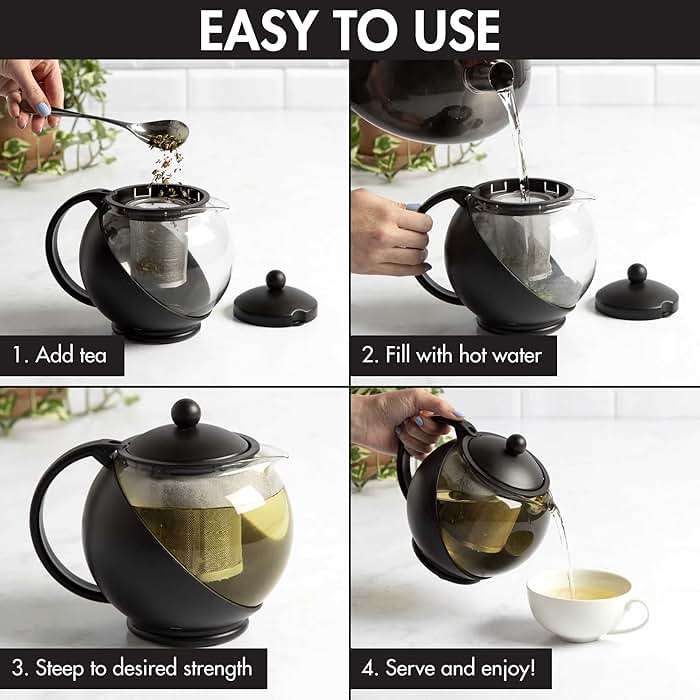 Primula Half Moon Teapot with Removable Infuser, Glass Tea Maker with Reusable Fine Mesh Stainless Steel Filter, Dishwasher Safe, 40-Ounce, Black - Image 5
