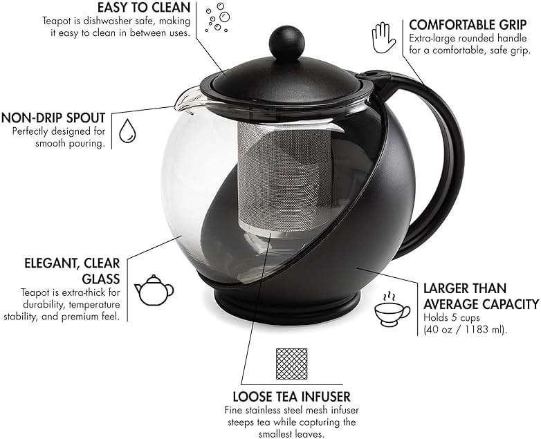 Primula Half Moon Teapot with Removable Infuser, Glass Tea Maker with Reusable Fine Mesh Stainless Steel Filter, Dishwasher Safe, 40-Ounce, Black - Image 6