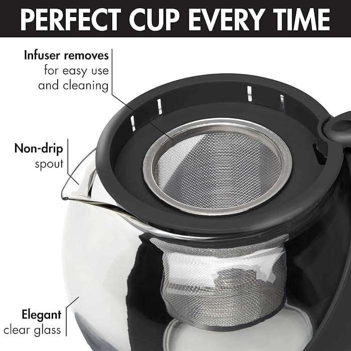Primula Half Moon Teapot with Removable Infuser, Glass Tea Maker with Reusable Fine Mesh Stainless Steel Filter, Dishwasher Safe, 40-Ounce, Black - Image 7