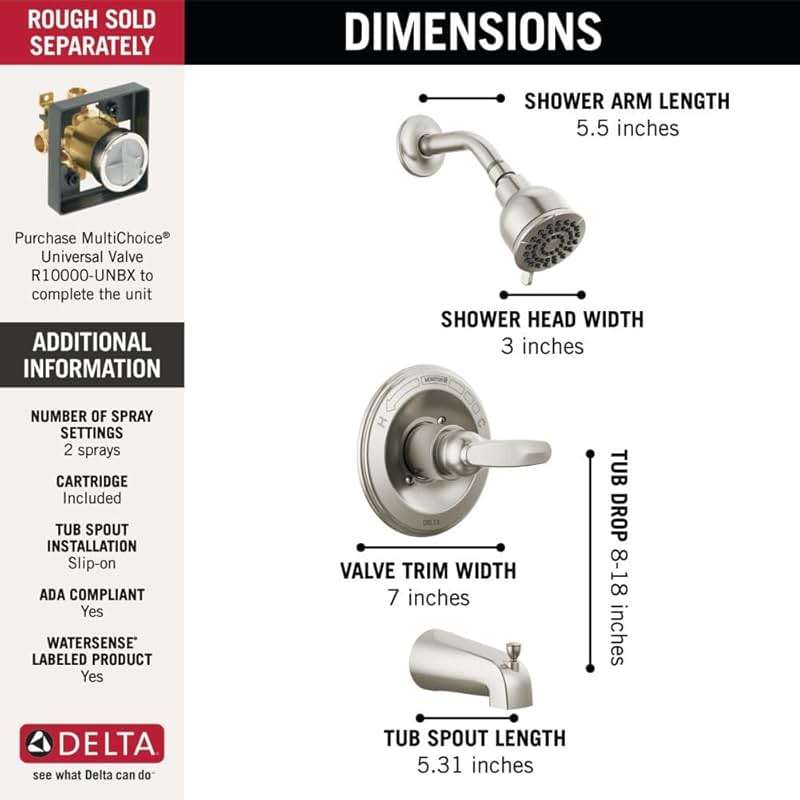 Delta Foundations 13 Series 2-Spray Bathtub and Shower Faucet Set, Brushed Nickel Shower Head and Handle Set, Valve Trim Kit, Stainless BT13410-SS (Valve Not Included) - Image 4