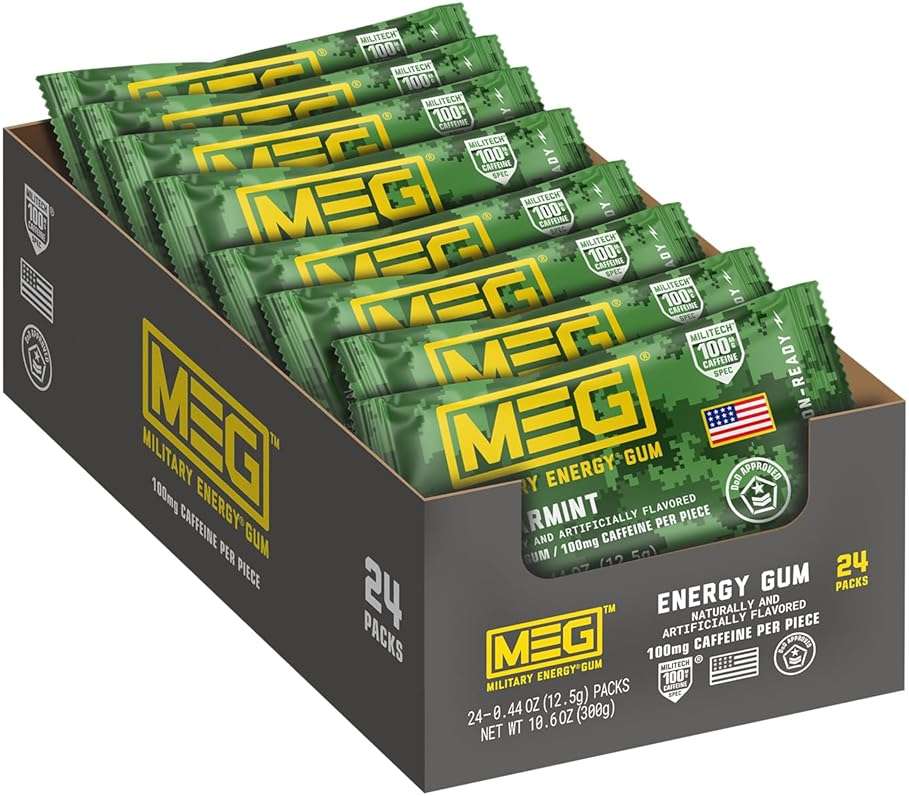 MEG (Military Energy Gum) - Spearmint | Enhance Your Physical Performance with 100mg of Caffeine Per Piece, Ultimate Energy Boost for Workouts, Alternative to Energy Drinks | NSF for Sport® Certified - Pack of 24 - Image 1