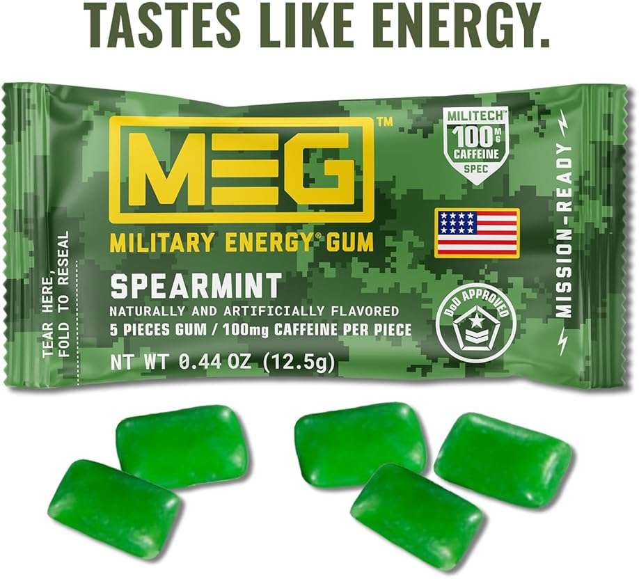 MEG (Military Energy Gum) - Spearmint | Enhance Your Physical Performance with 100mg of Caffeine Per Piece, Ultimate Energy Boost for Workouts, Alternative to Energy Drinks | NSF for Sport® Certified - Pack of 24 - Image 2