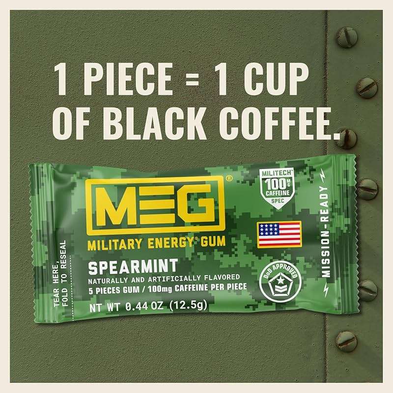 MEG (Military Energy Gum) - Spearmint | Enhance Your Physical Performance with 100mg of Caffeine Per Piece, Ultimate Energy Boost for Workouts, Alternative to Energy Drinks | NSF for Sport® Certified - Pack of 24 - Image 5