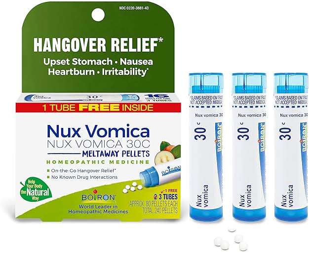 Boiron Nux Vomica 30C Homeopathic Medicine for Hangover Relief, Upset Stomach, Nausea, and Overindulgence of Food or Drink - 3 Count (240 Pellets) - Image 1