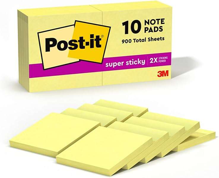 Post-it Super Sticky Notes, 10 Sticky Note Pads, 3 x 3 in., School Supplies, Office Products, Sticky Notes for Vertical Surfaces, Monitors, Walls and Windows, Canary Yellow - Image 1