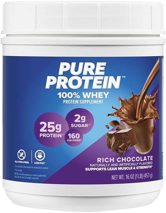 Pure Protein Powder, Whey, High Protein, Low Sugar, Gluten Free, Rich Chocolate, 1 lb - Image 1