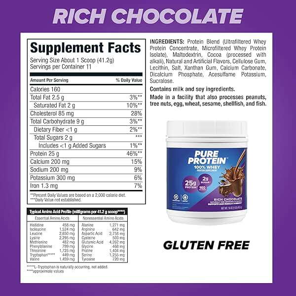 Pure Protein Powder, Whey, High Protein, Low Sugar, Gluten Free, Rich Chocolate, 1 lb - Image 4