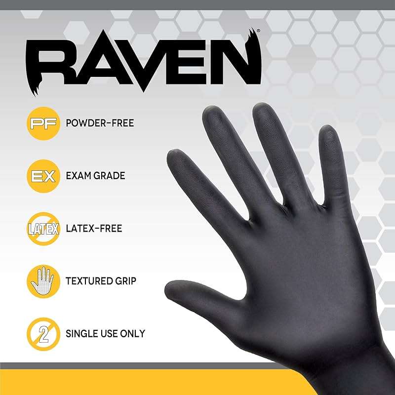 Raven Powder Free Nitrile Disposable Gloves | 7 Mil - Med | Latex Free, Chemical + Puncture Resistant, Textured Grip, Single Use | for Automotive, Industrial, Janitorial, MRO, Food Service | 66517 - Image 2