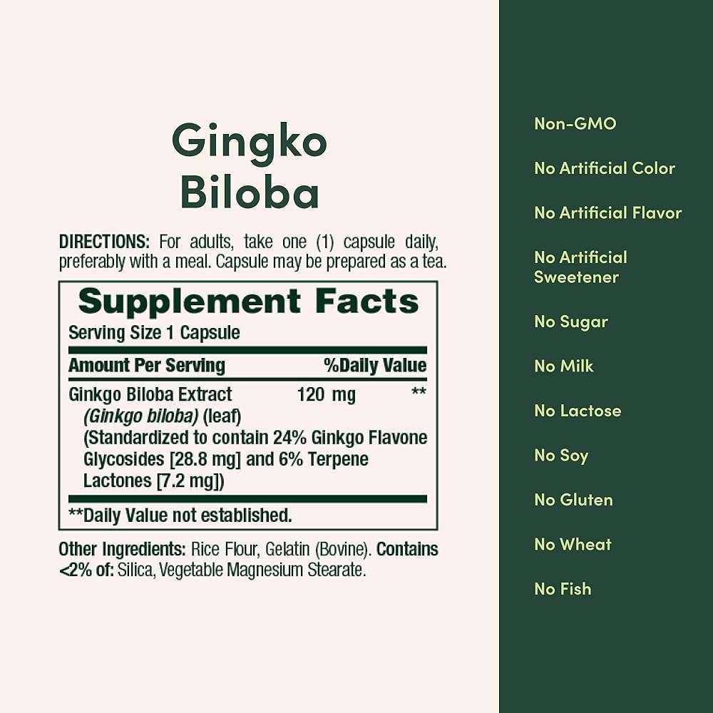Nature's Bounty Ginkgo Biloba Capsules 120mg, Memory Support Supplement, Supports Brain Function and Mental Alertness, 100 Capsules - Image 2