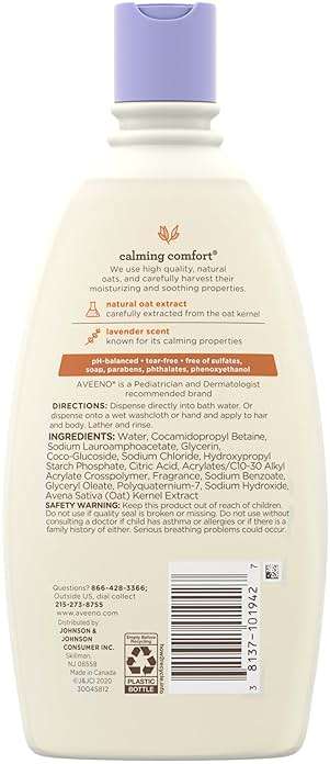 Aveeno Baby Nighttime Calming Comfort Bath, Baby Body Wash for Skin & Hair with Natural Oat Extract, Soothing Lavender & Vanilla Scent, Tear-Free Formula, No Added Parabens & Phthalates, 18 Fl Oz - Image 8