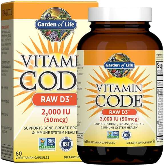 Garden of Life Vitamin D, Vitamin Code Raw D3, Vitamin D 2,000 IU, Raw Whole Food D3 Supplements with Chlorella, Fruit, Veggies & Probiotics for Bone & Immune Health, 60 Vegetarian Capsules - Image 1