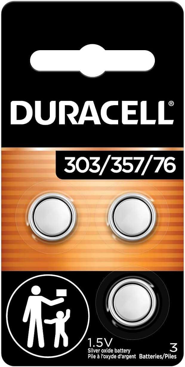 Duracell 303/357/76 Silver Oxide Button Battery, 3 Count (Pack of 1), Silver, Battery with Long-Lasting Power for Watches, Calculators, and More - Image 1