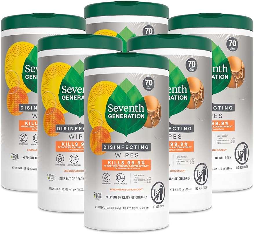 Seventh Generation Disinfecting Wipes, Lemongrass Citrus, 70 Count, 6 Pack, Botanical Multi-Surface Cleaner Kills 99.9% Germs, No Bleach, Plant-Based Formula for Home, Kitchen, Bathroom, Car Interior - Image 1