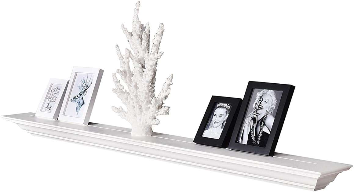 WELLAND White 60 Inch Fireplace Mantel Shelf Wall Mounted,Solid Pine Wood Finished Corona Crown Molding Floating Wall Photo Ledge Shelves - Image 1