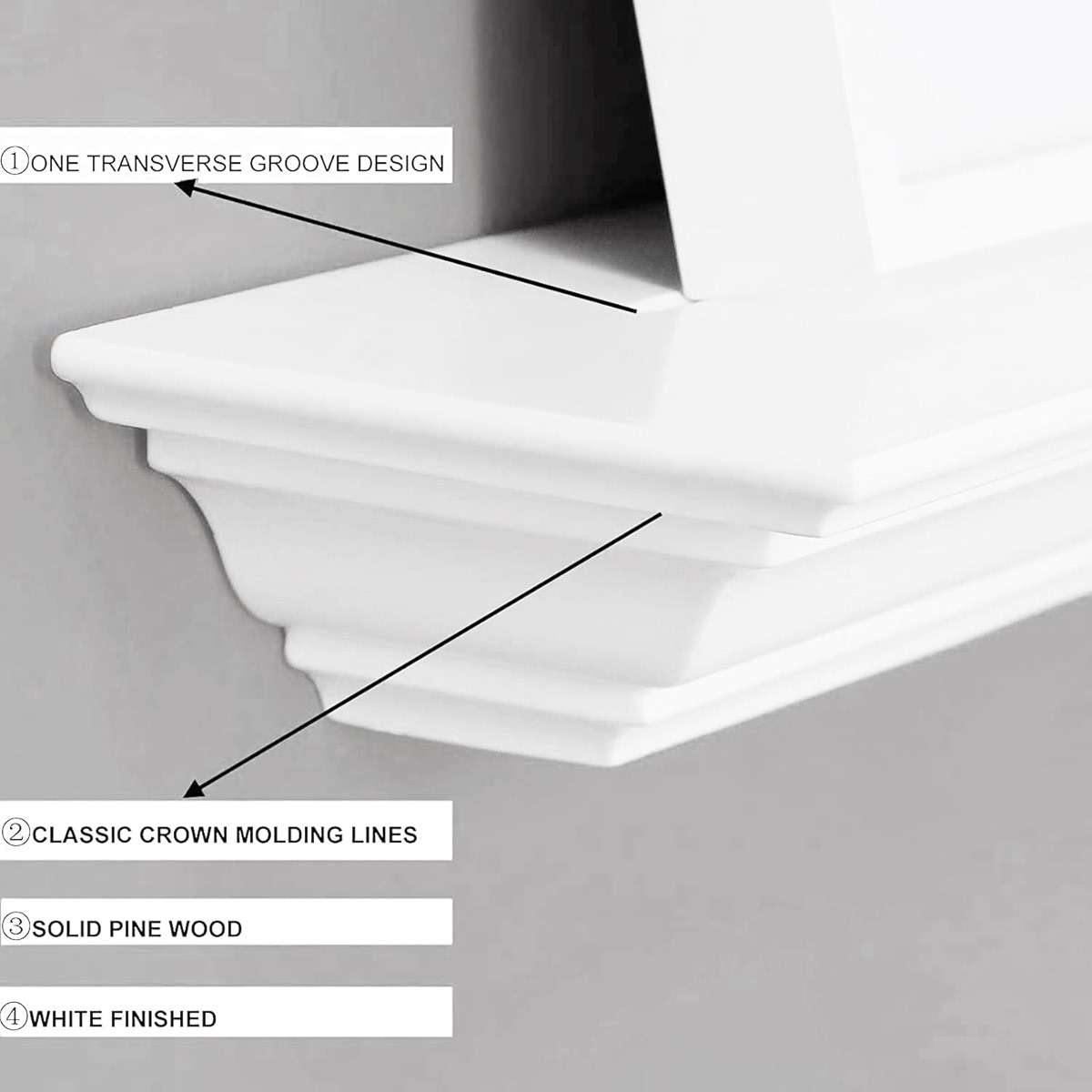 WELLAND White 60 Inch Fireplace Mantel Shelf Wall Mounted,Solid Pine Wood Finished Corona Crown Molding Floating Wall Photo Ledge Shelves - Image 3
