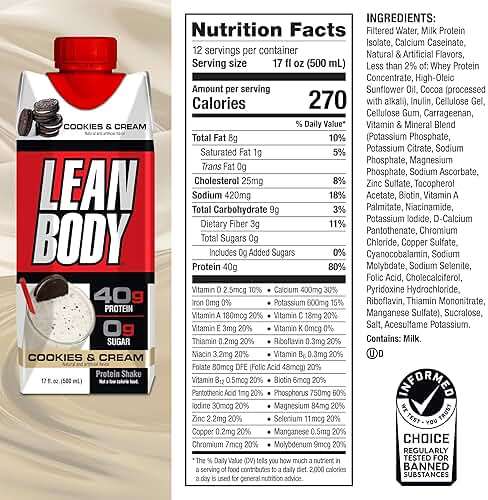 Lean Body Ready-to-Drink Cookies and Cream Protein Shake, 40g Protein, Whey Blend , 0 Sugar, Gluten No, 22 Vitamins & Minerals, (Recyclable Carton & Lid - Pack of 12) LABRADA , 17 Fl Oz (Pack of 12) - Image 6
