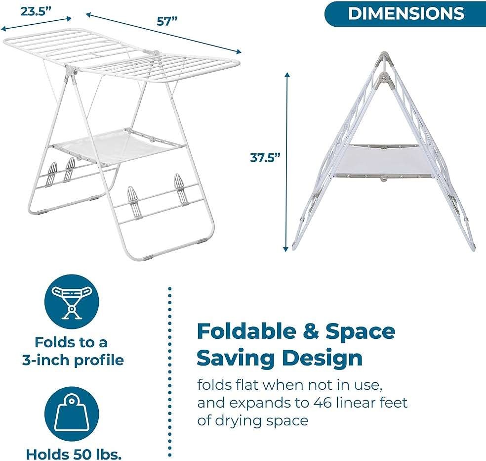 Honey-Can-Do Heavy-Duty Foldable Laundry Drying Rack – Portable Shoes & Clothes Rack for Indoor & Outdoor Use, Space-Saving Design, Easy to Fold Gullwing Design, Sturdy Metal, 50lb. Capacity, White - Image 3