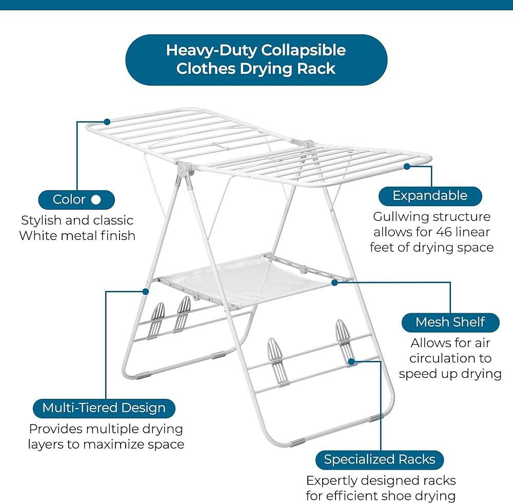 Honey-Can-Do Heavy-Duty Foldable Laundry Drying Rack – Portable Shoes & Clothes Rack for Indoor & Outdoor Use, Space-Saving Design, Easy to Fold Gullwing Design, Sturdy Metal, 50lb. Capacity, White - Image 4