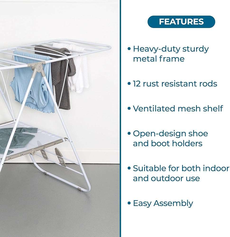 Honey-Can-Do Heavy-Duty Foldable Laundry Drying Rack – Portable Shoes & Clothes Rack for Indoor & Outdoor Use, Space-Saving Design, Easy to Fold Gullwing Design, Sturdy Metal, 50lb. Capacity, White - Image 5