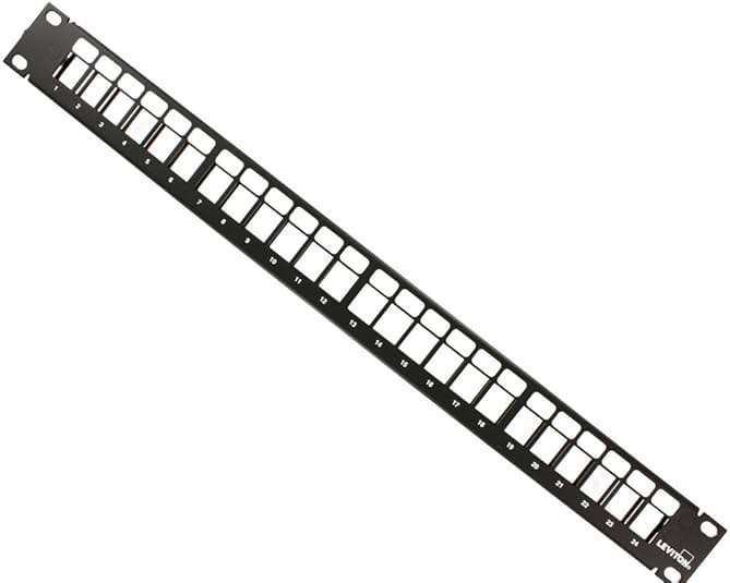 Leviton 49255-H24 QuickPort Patch Panel, 24-Port, 1RU, Cable Management Bar Included , Black, Metal, Electrical Outlet - Image 1