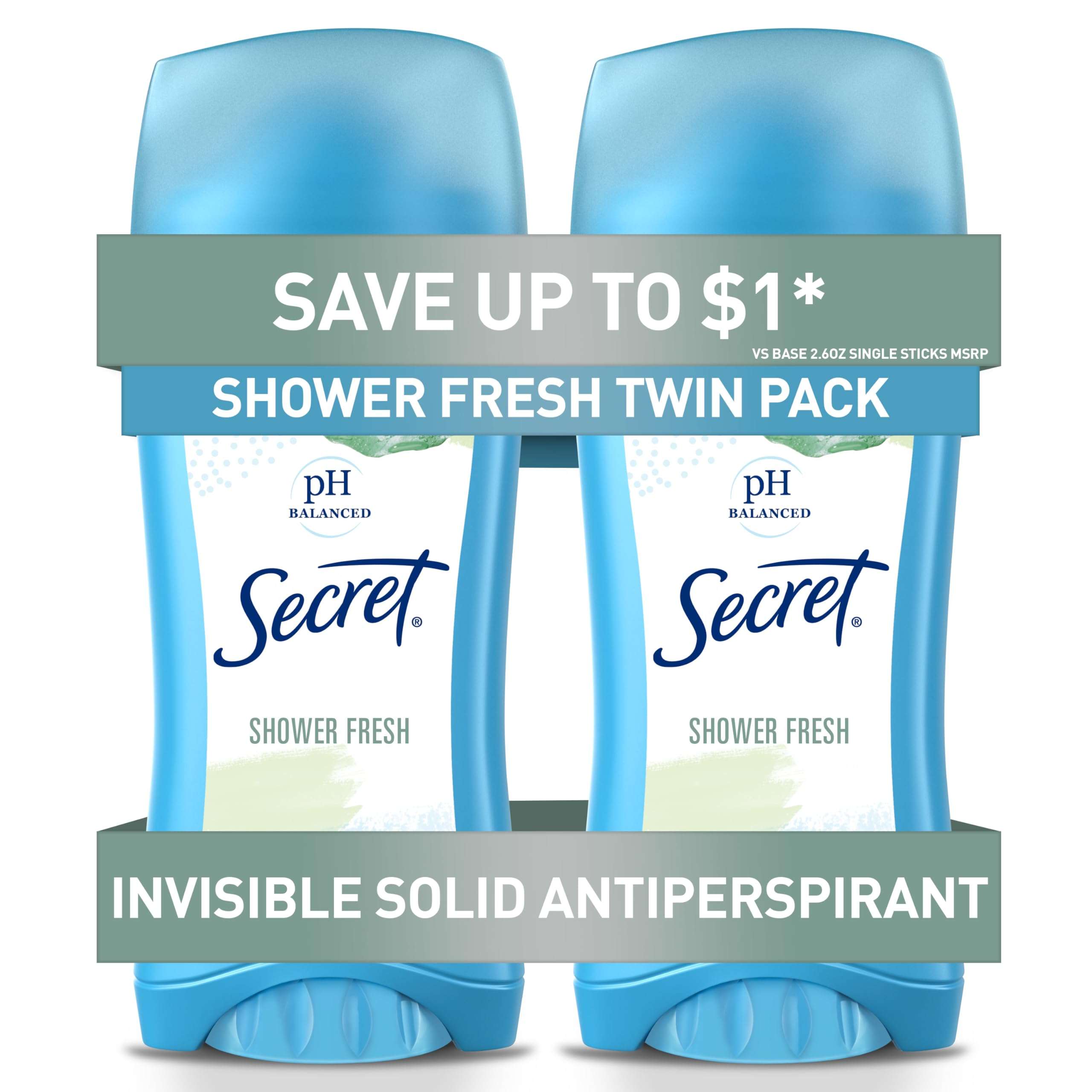 Secret Antiperspirant and Deodorant for Women, 24hr Sweat & Odor Protection, PH Balanced Protection, Gentle on Skin, Invisible Solid, Shower Fresh Scent, 2.6 oz (Pack of 2) - Image 1