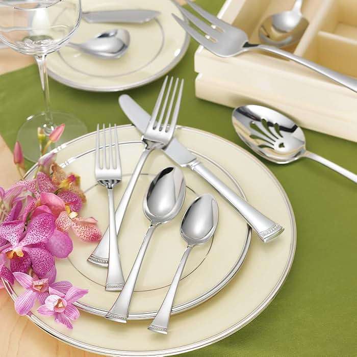 Lenox Silverware Set For 12, Portola 65-Piece Flatware Set with Serving Utensils, Service For 12, 18/10 Stainless Steel Flatware, Dishwasher Safe, Knives Spoons and Forks (Silver, 65 pieces) - Image 2