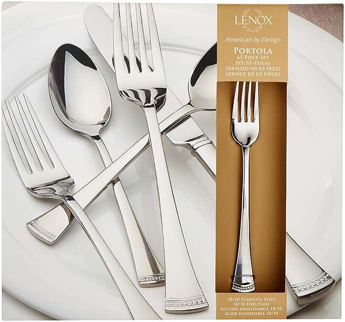 Lenox Silverware Set For 12, Portola 65-Piece Flatware Set with Serving Utensils, Service For 12, 18/10 Stainless Steel Flatware, Dishwasher Safe, Knives Spoons and Forks (Silver, 65 pieces) - Image 4