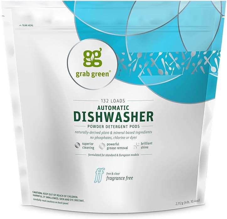 Grab Green Automatic Dishwashing Detergent Pods, 132 Count, Fragrance Free, Plant and Mineral Based, Superior Cleaning, Powerful Grease Removal, Brilliant Shine - Image 1