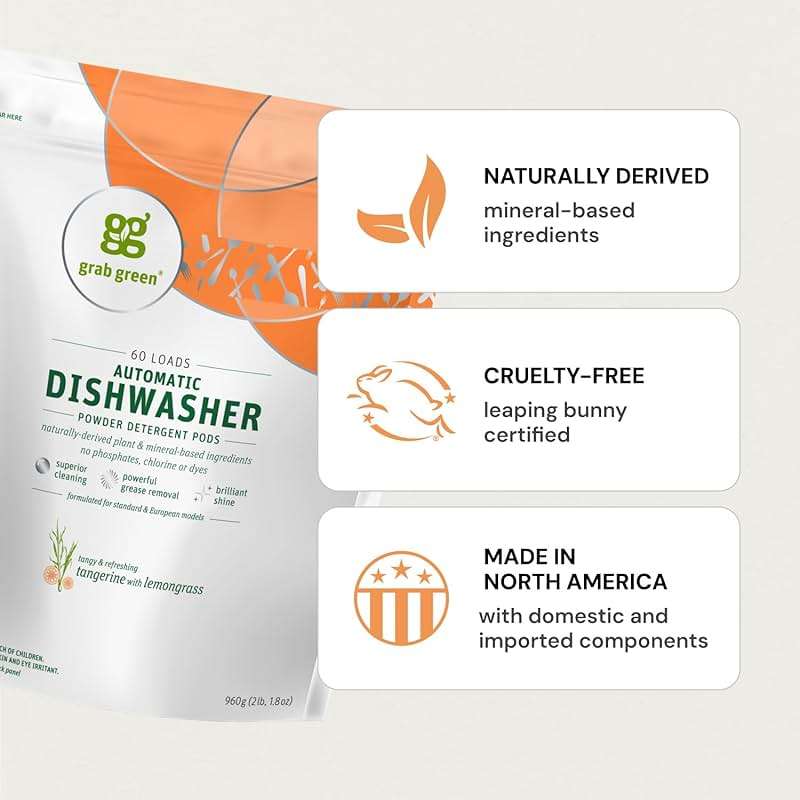 Grab Green Automatic Dishwashing Detergent Pods, 132 Count, Fragrance Free, Plant and Mineral Based, Superior Cleaning, Powerful Grease Removal, Brilliant Shine - Image 3